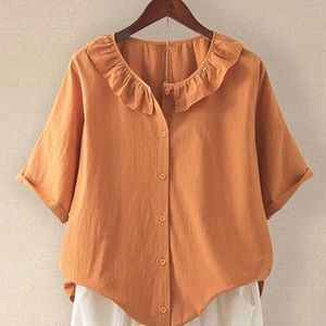 Cellabir Orange Linen Button Up Blouse with Ruffle Collar.